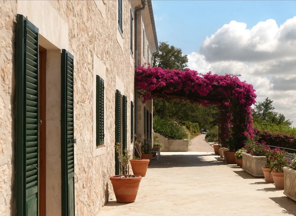 Finca-Terrasse mit geschlossenen grünen Fensterläden unter Wolkenhimmel